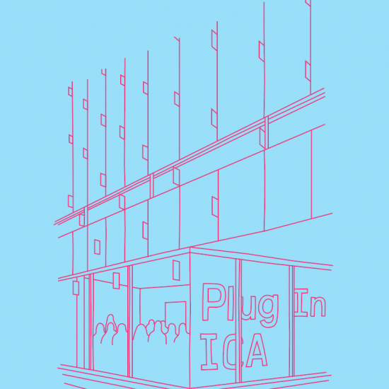 Red line drawing of Plug In ICA's exterior. People sitting can be seen through one window, and the words "Plug In ICA" can be seen through the other