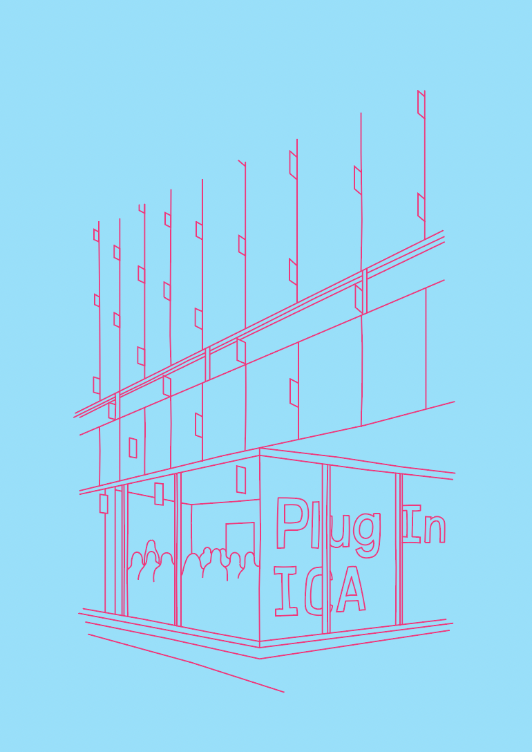 Red line drawing of Plug In ICA's exterior. People sitting can be seen through one window, and the words "Plug In ICA" can be seen through the other