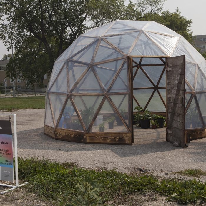 A dome with a wooden frame covered with clear sheeting. The door to the dome is open and there are many plants in pots within it.