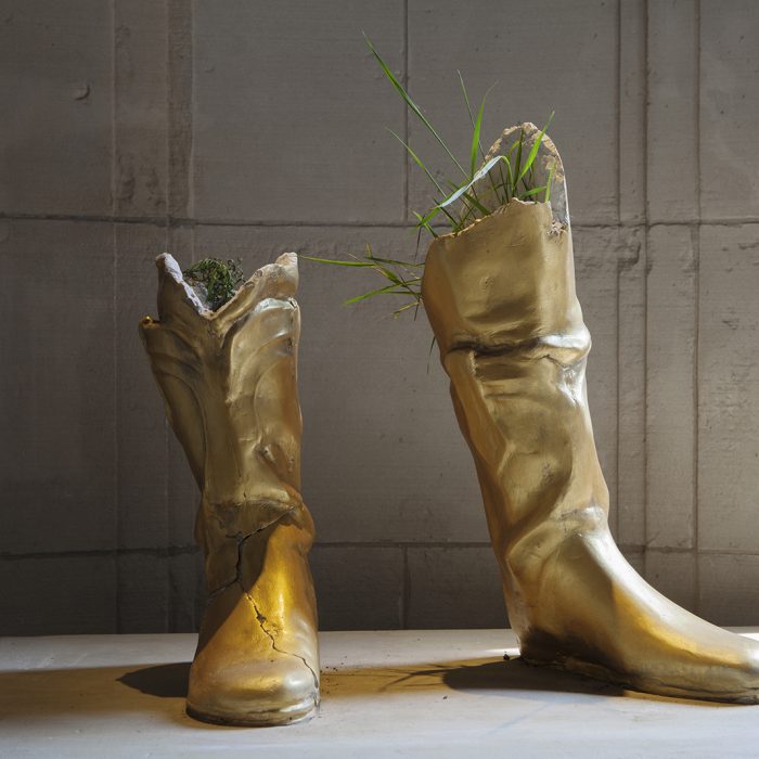 A pair of golden cowboy boots sits atop a pedestal. They have tall strands of grass growing out from their tops.