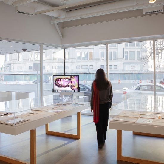 Large windows, a tv in the left corner, 2 vitrines are in the middle of the room, a woman in a red scarf stands in between them