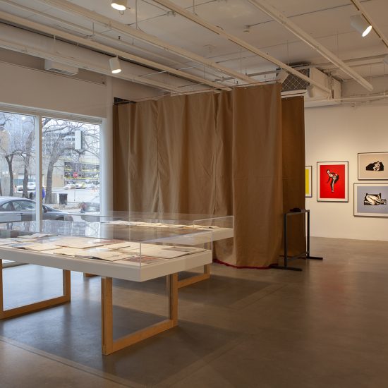 interior gallery, 2 vitrines are on the left hand side of the room, a brown curtain divides the room, 3 framed screen prints hang on the back wall